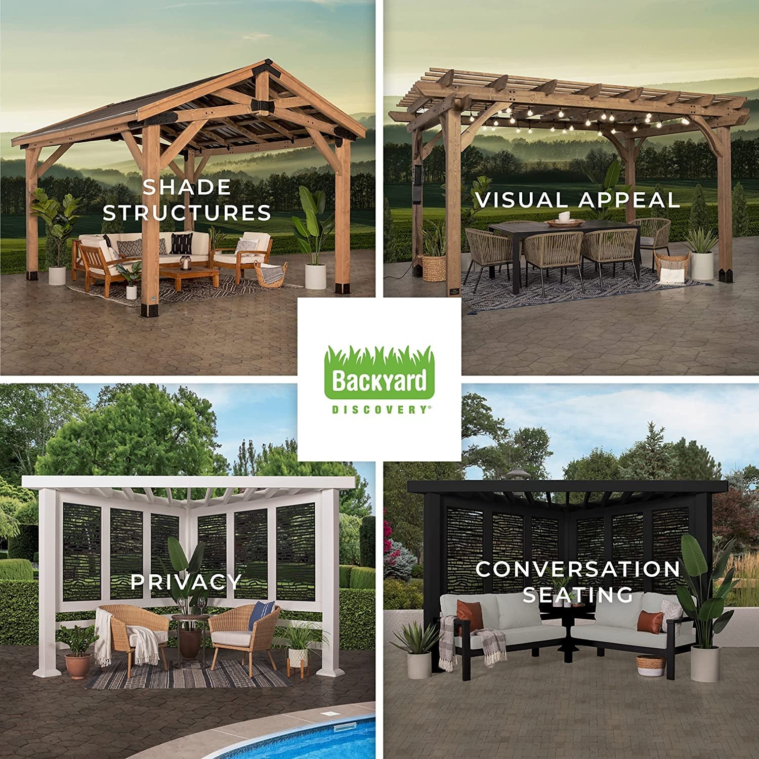 Tuscany Cabana Pergola with Bamboo Privacy Panels and Conversation Seating in Indigo