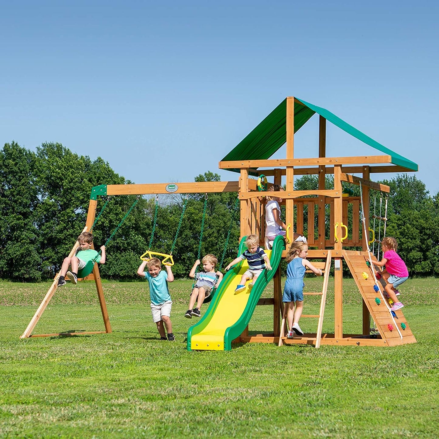 Mount Mckinley All Cedar Wood Swing Set, Playground for All Kids Age 3-10, Rock Wall, Wave Slide, Fort, Double Rock Climber and Rope