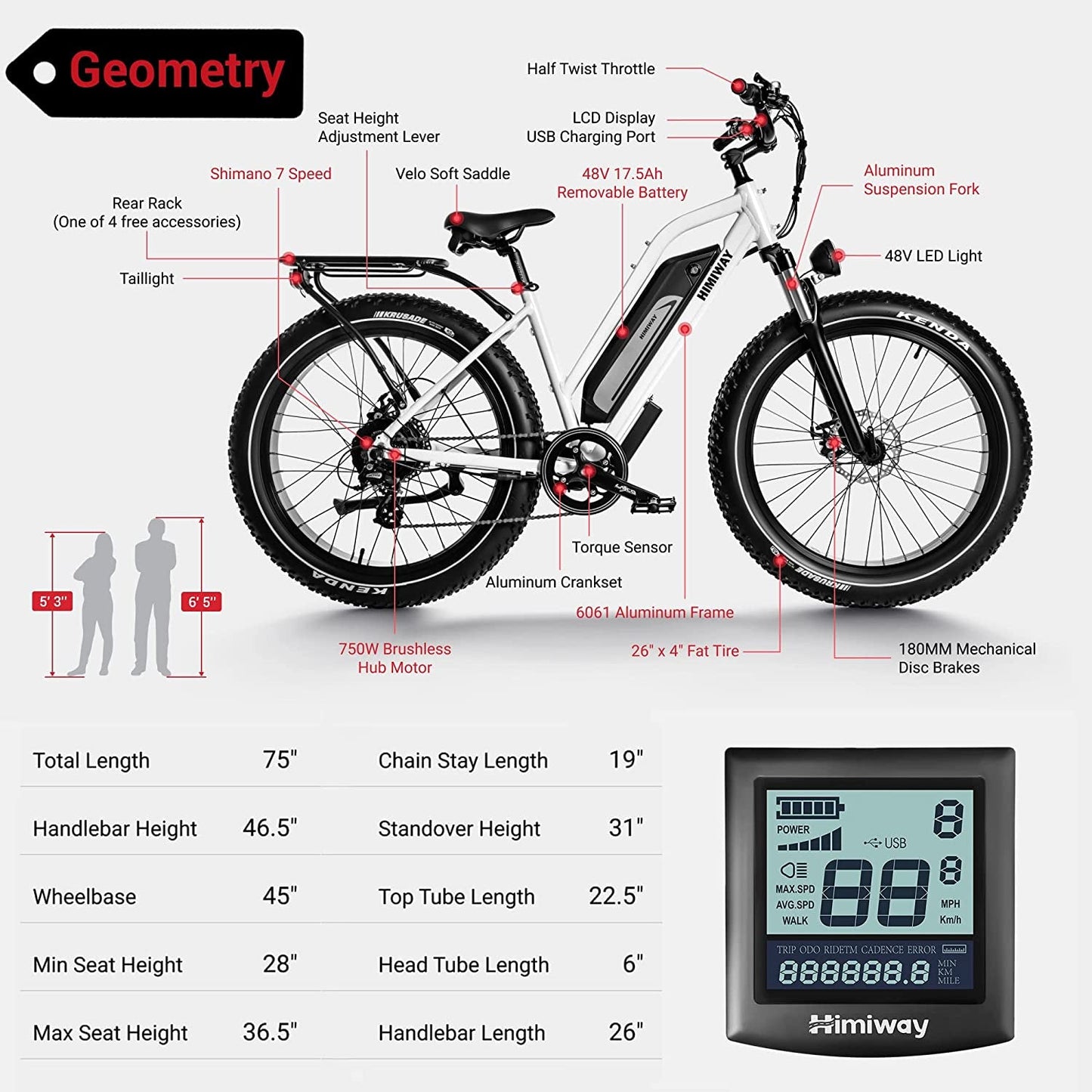 Himiway Cruiser 26"X4" Fat Tire Electric Bike for Adults, 60Miles Range 48V 17.5Ah Battery 750W Motor Ebike, 25MPH Top Speed 350LBS Payload, Shimano 7 Speed Electric Bicycle, UL Certified