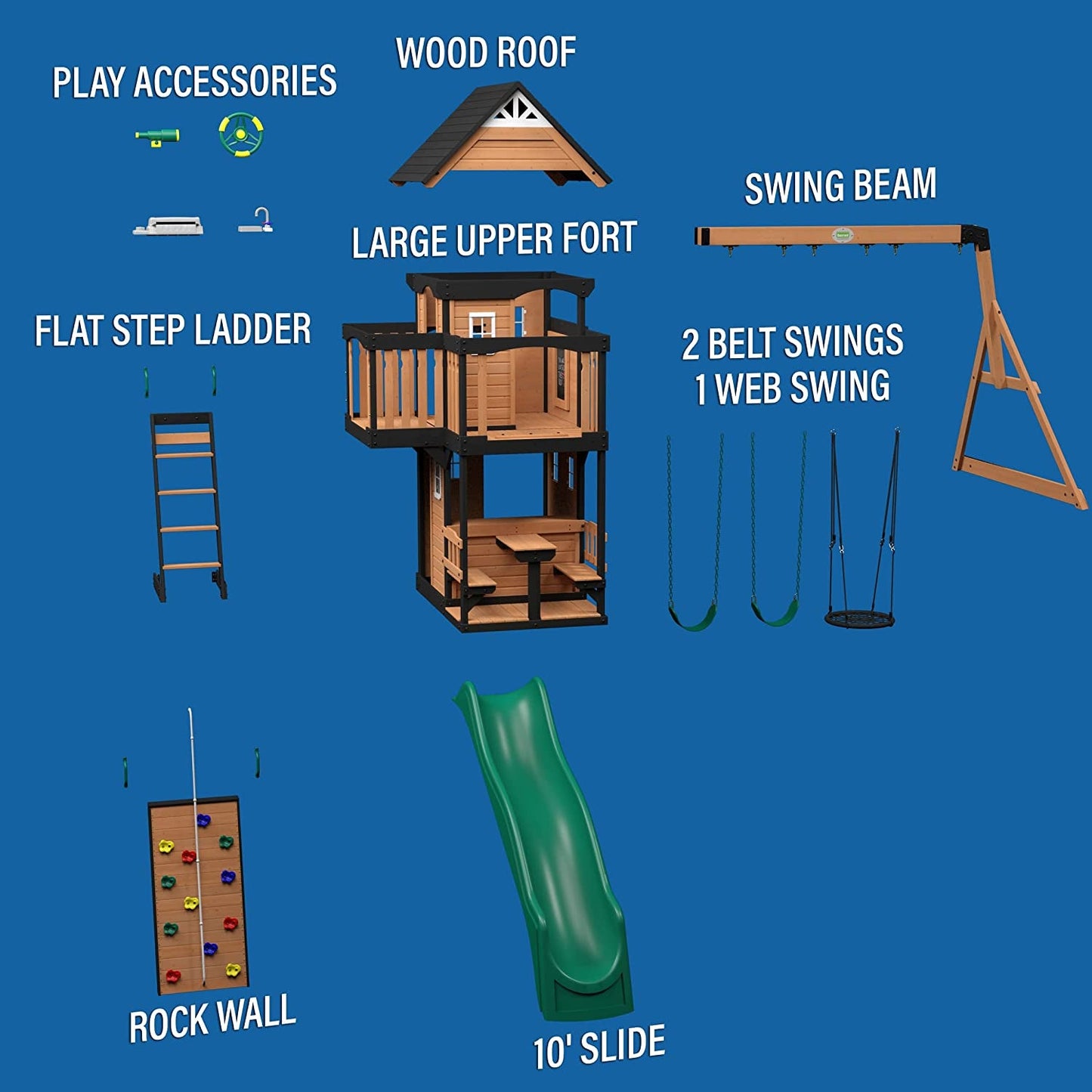 Canyon Creek All Cedar Wood Swing Set, Playhouse with Grill, Plastic Food, Picnic Area, Steering Wheel, Two Belt Swings, Rock Climbing Wall, Balcony, Deck, Slide, Web Swing,Brown