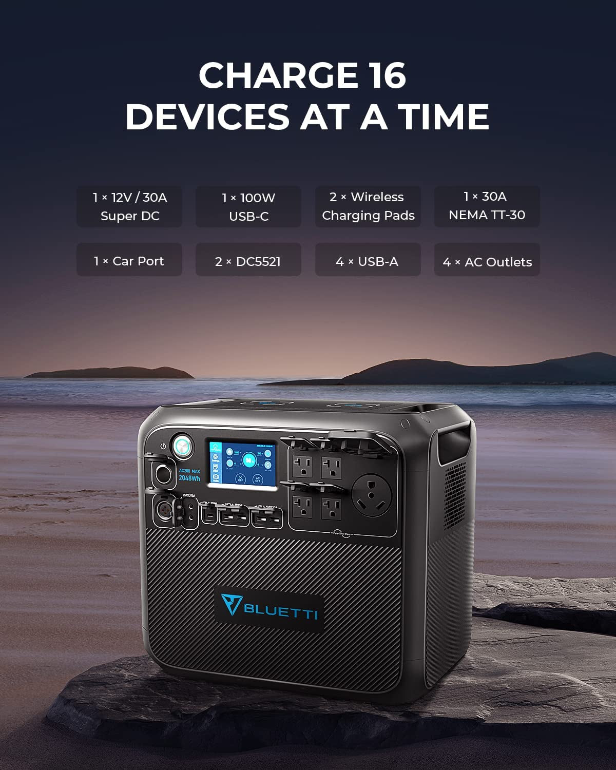 Portable Power Station AC200MAX, 2048Wh Lifepo4 Battery Backup, Expandable to 8192Wh W/ 4 2200W AC Outlets (4800W Peak), 30A RV Output, Solar Generator for Outdoor Camping, Home Use, Emergency