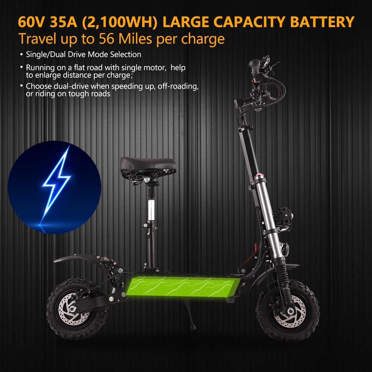 35AH 5600W Electric Scooter Adults 50 MPH off Road Sport Scooter with Seat,60V Dual Drive 56 Miles Range 11" off Road Tires,Heavy Duty 440 LBS Load Dual Braking System & Dual 2 Chargers