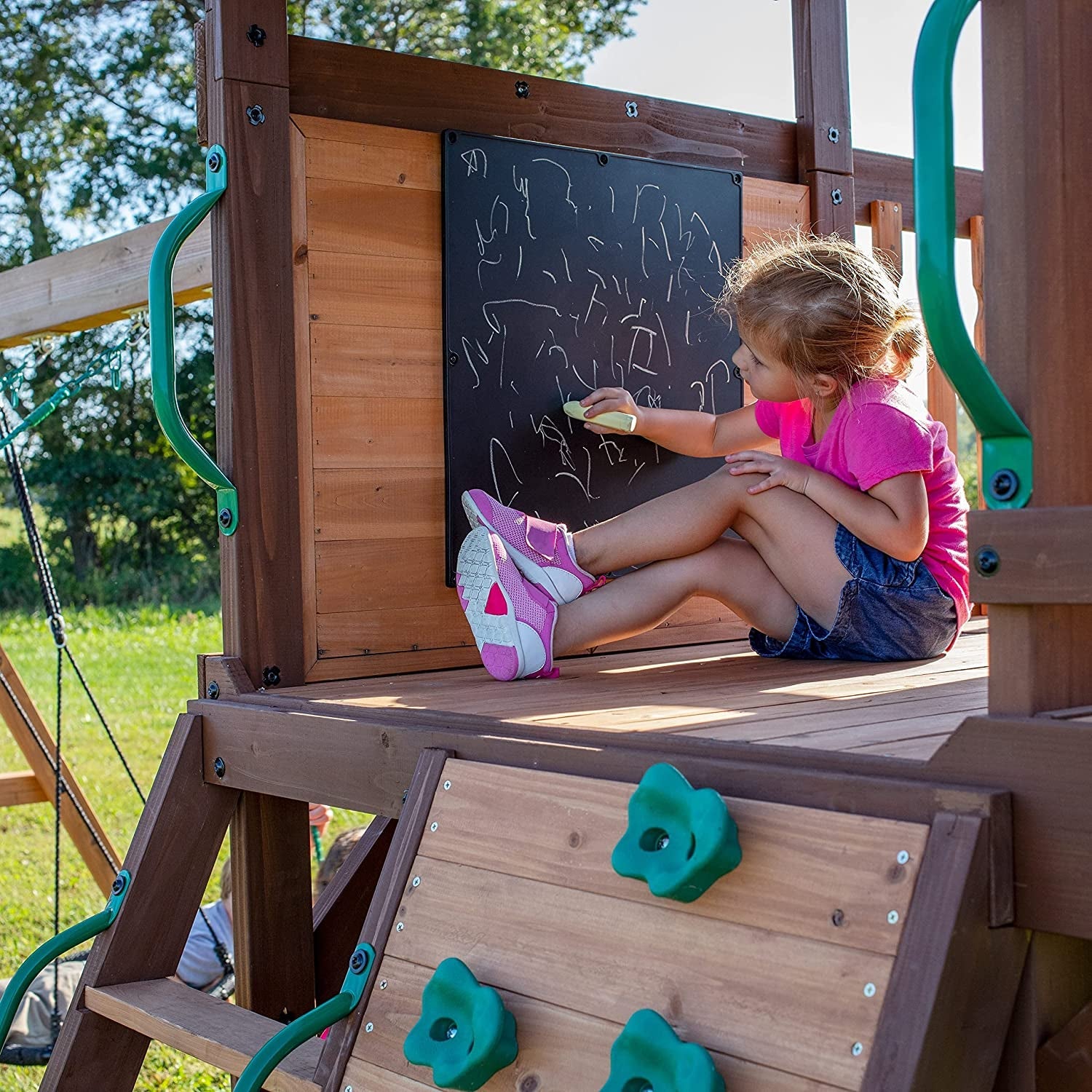 , Cedar Cove Wood Swing Set, Playground Fort, Chalkboard, Telescope, Dual Slide, Kitchenette, Wide Swing Lanes, 5Ft Rock Wall, Step Ladder