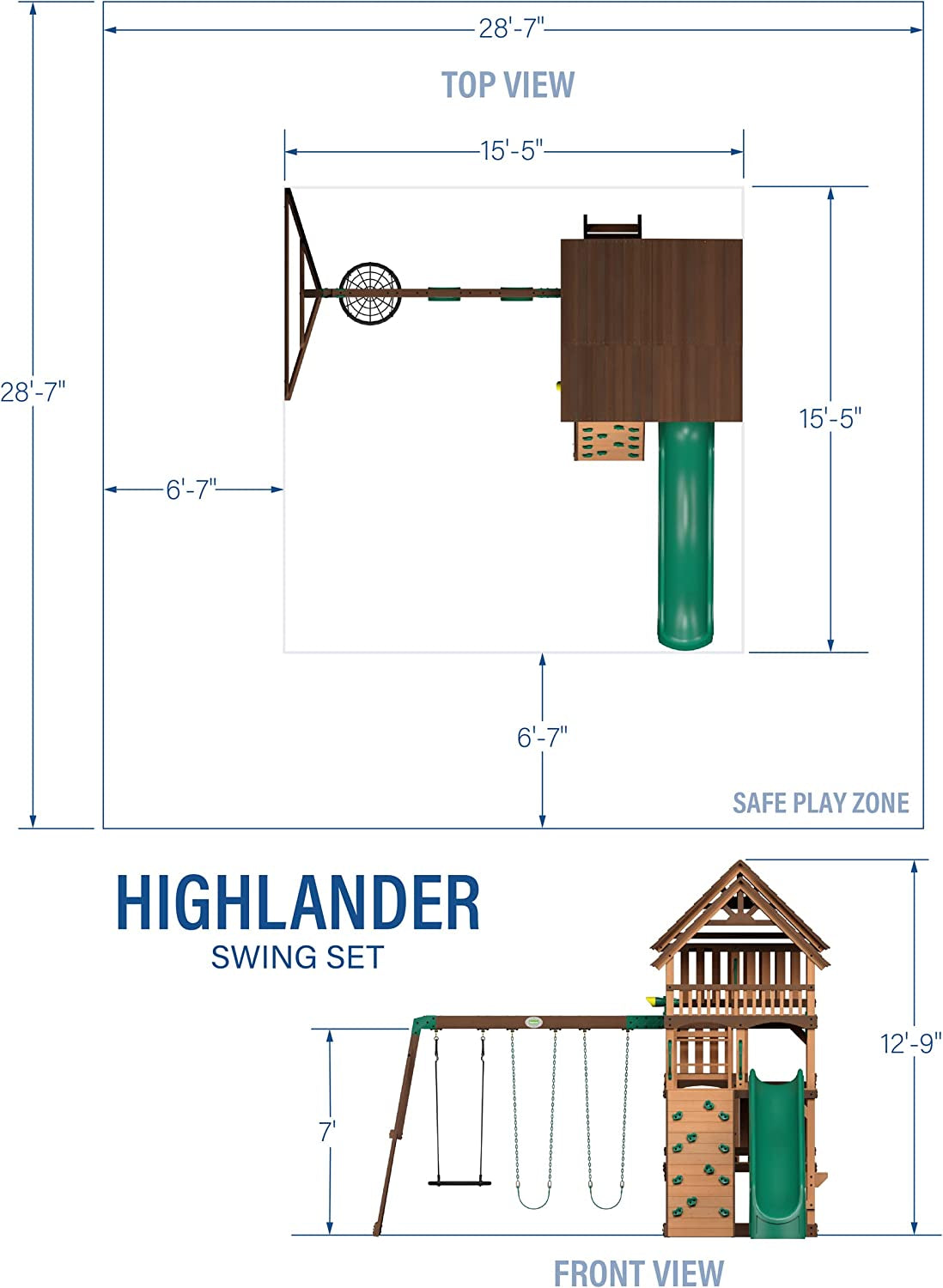 Highlander All Cedar Wooden Swing Set, 3 Levels, Step Ladder, Snack Bar with Bench, Sandbox, 2 Belt Swings, Web Swing, 10Ft Wave Slide, Rock Wall,