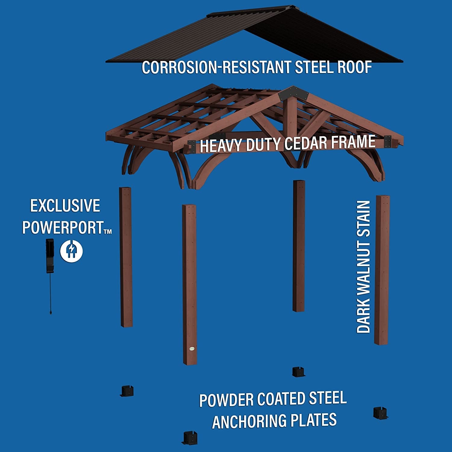 Arlington 12X10 All Cedar Gazebo, Walnut, Insulated Steel Roof, Water Resistant, Wind Resistant up to 100 MPH, Withstand 6,391 Lbs of Snow