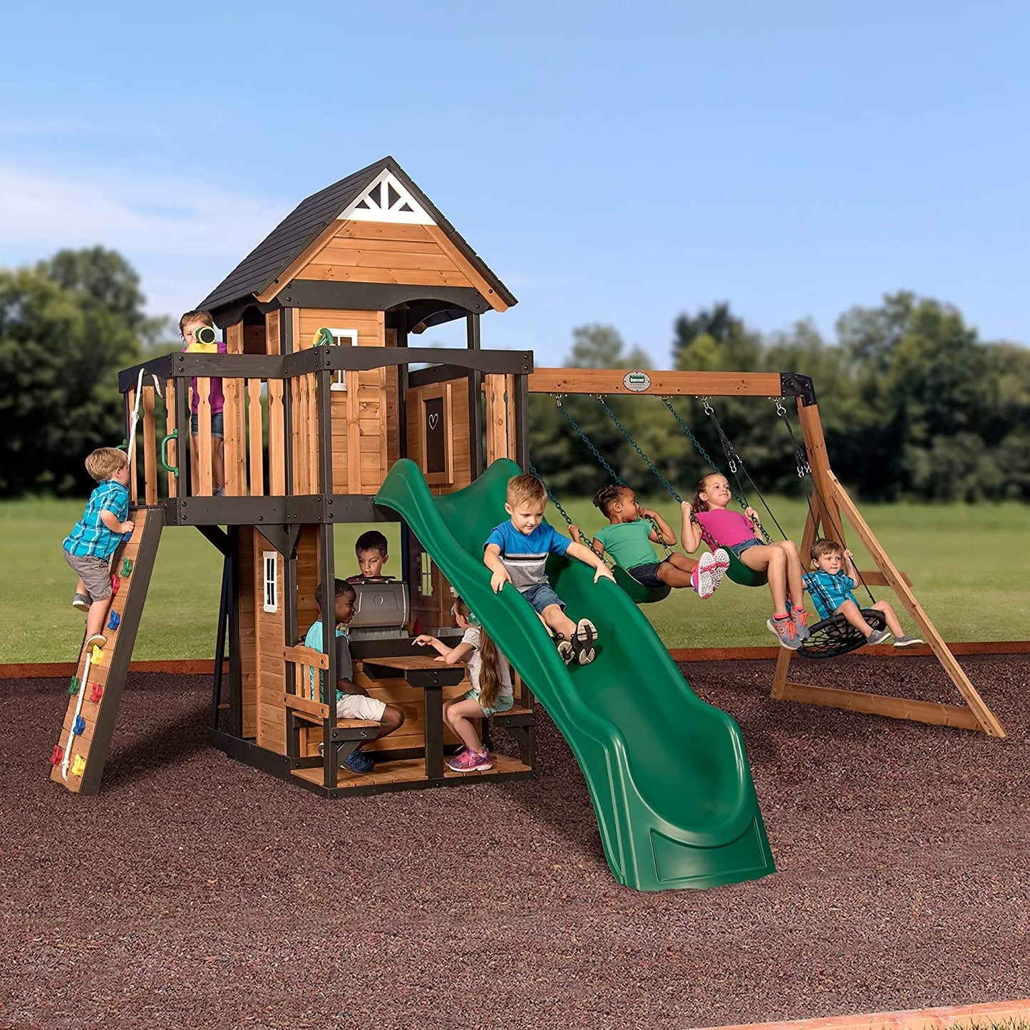 Canyon Creek All Cedar Wood Swing Set, Playhouse with Grill, Plastic Food, Picnic Area, Steering Wheel, Two Belt Swings, Rock Climbing Wall, Balcony, Deck, Slide, Web Swing,Brown