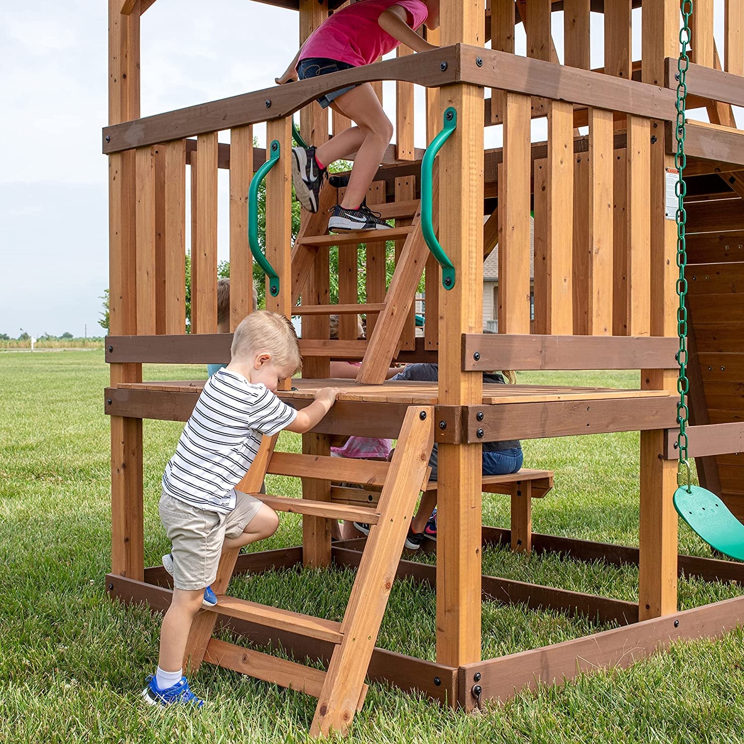 Highlander All Cedar Wooden Swing Set, 3 Levels, Step Ladder, Snack Bar with Bench, Sandbox, 2 Belt Swings, Web Swing, 10Ft Wave Slide, Rock Wall,