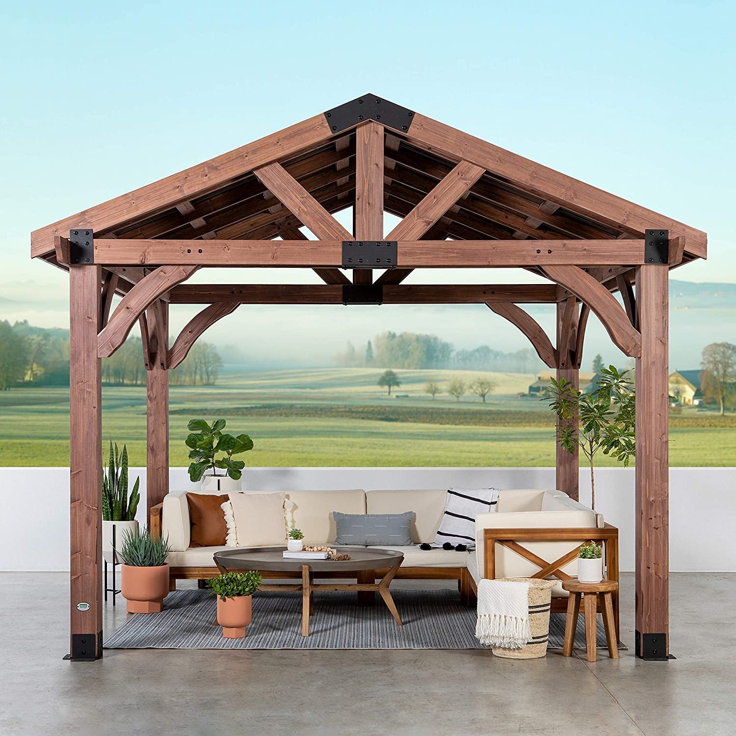 Arlington 12X10 All Cedar Gazebo, Walnut, Insulated Steel Roof, Water Resistant, Wind Resistant up to 100 MPH, Withstand 6,391 Lbs of Snow