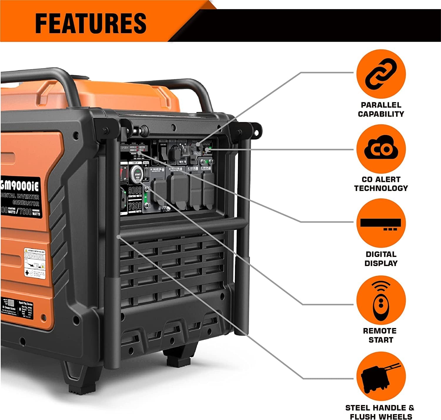 Portable Inverter Generator, 9000W Super Quiet Gas Powered Engine with Parallel Capability, Remote/Electric Start, Digital Display,Epa Compliant，Co Alarm Ideal for Home Backup Power (Gm9000Ie)