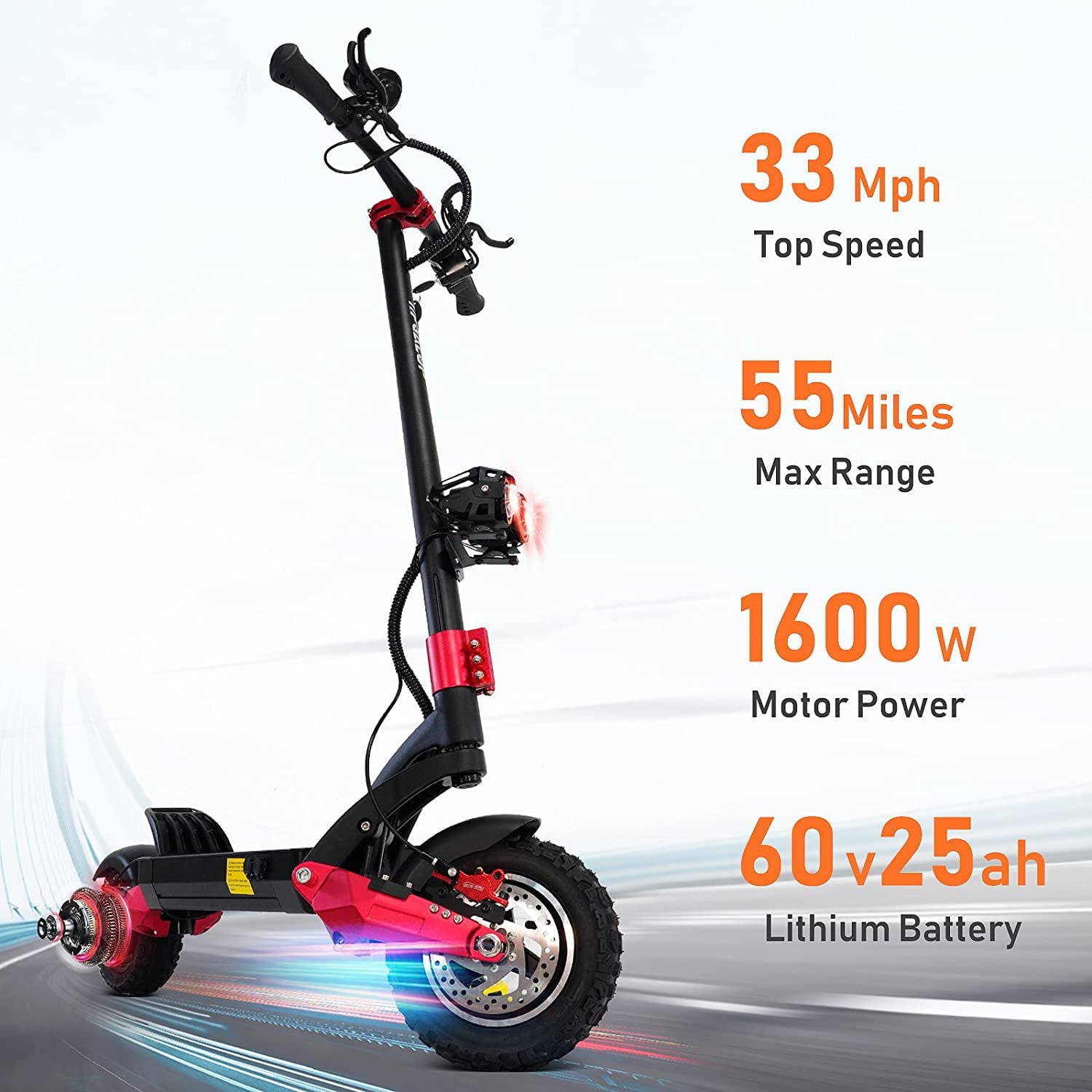 Electric Scooter Adults 30 MPH, Commuting Scooters with 1600W Motor and Dual Hydraulic Shock Absorption, up to 60 Miles Ranges, 10" Off-Road Tires Sport Electric Scooter