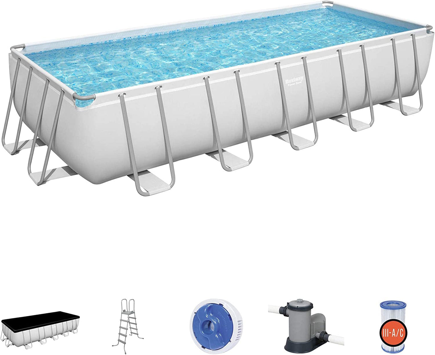 Bestway Power Steel 21' X 9' X 52" Rectangular Metal Frame above Ground Swimming Pool Set with 1500 GPH Filter Pump, Ladder, and Pool Cover