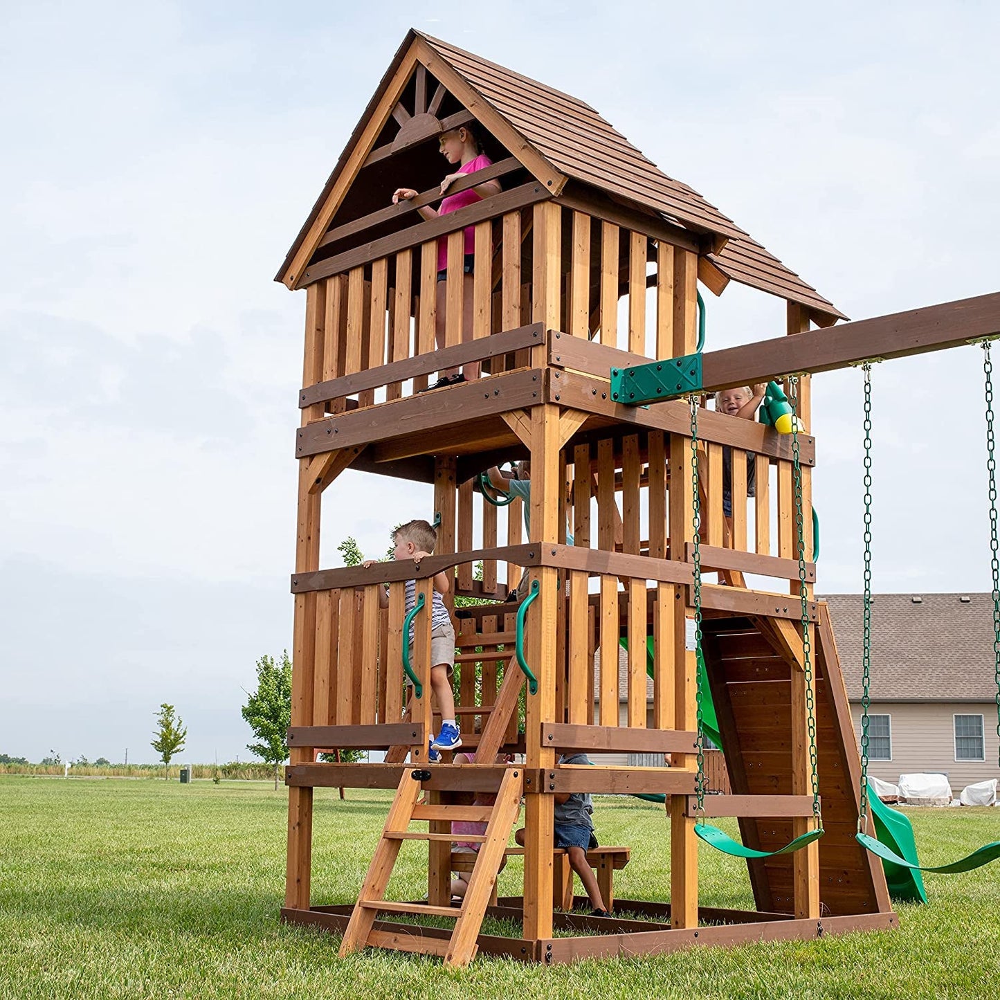 Highlander All Cedar Wooden Swing Set, 3 Levels, Step Ladder, Snack Bar with Bench, Sandbox, 2 Belt Swings, Web Swing, 10Ft Wave Slide, Rock Wall,