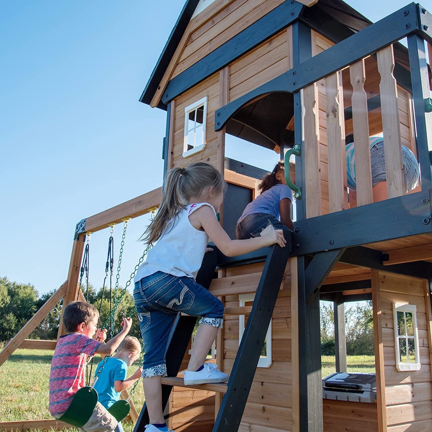 Canyon Creek All Cedar Wood Swing Set, Playhouse with Grill, Plastic Food, Picnic Area, Steering Wheel, Two Belt Swings, Rock Climbing Wall, Balcony, Deck, Slide, Web Swing,Brown