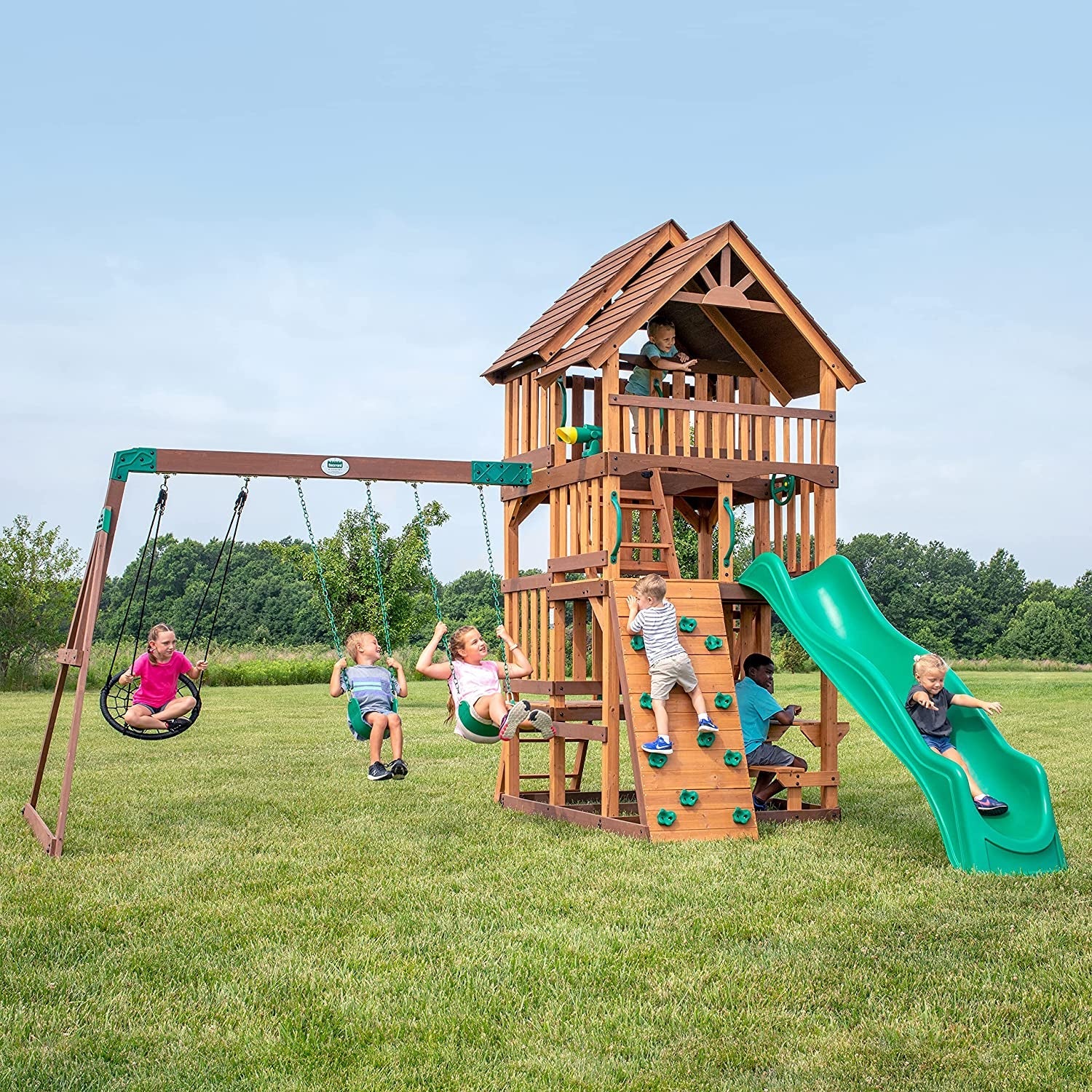 Highlander All Cedar Wooden Swing Set, 3 Levels, Step Ladder, Snack Bar with Bench, Sandbox, 2 Belt Swings, Web Swing, 10Ft Wave Slide, Rock Wall,