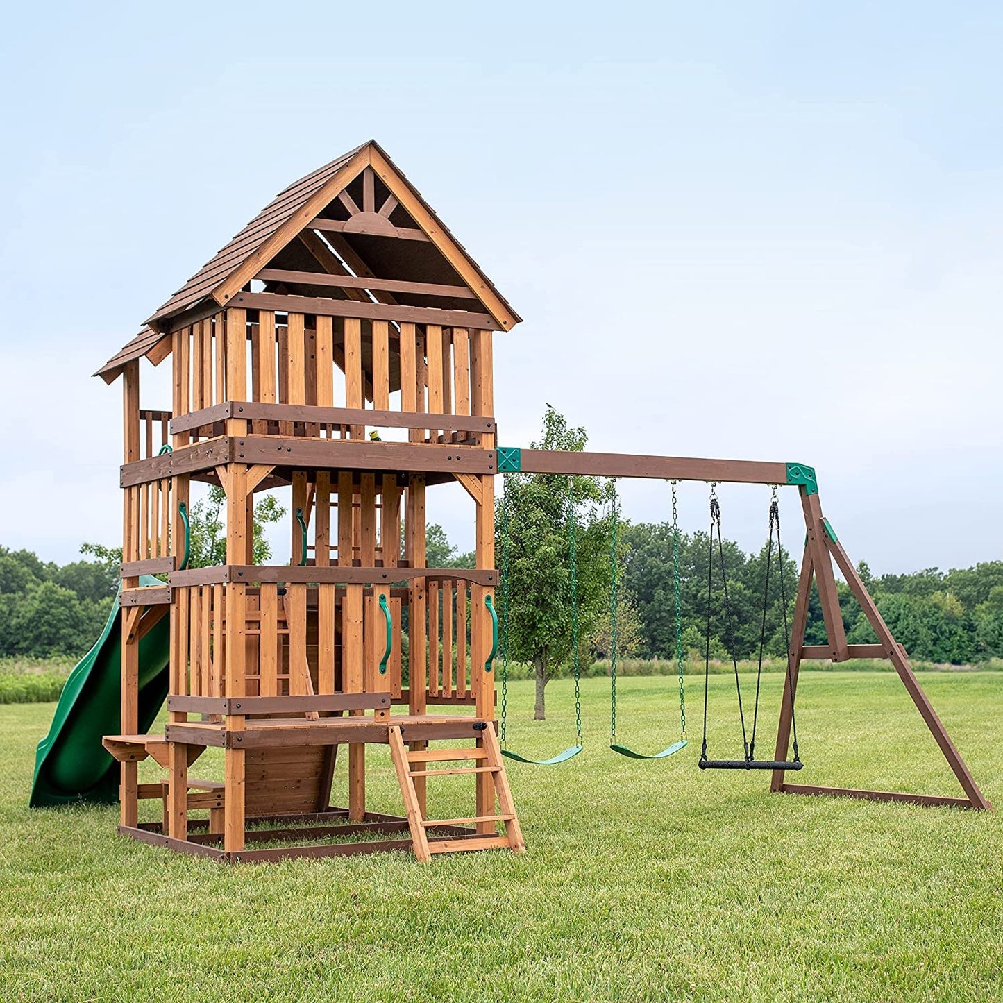 Highlander All Cedar Wooden Swing Set, 3 Levels, Step Ladder, Snack Bar with Bench, Sandbox, 2 Belt Swings, Web Swing, 10Ft Wave Slide, Rock Wall,