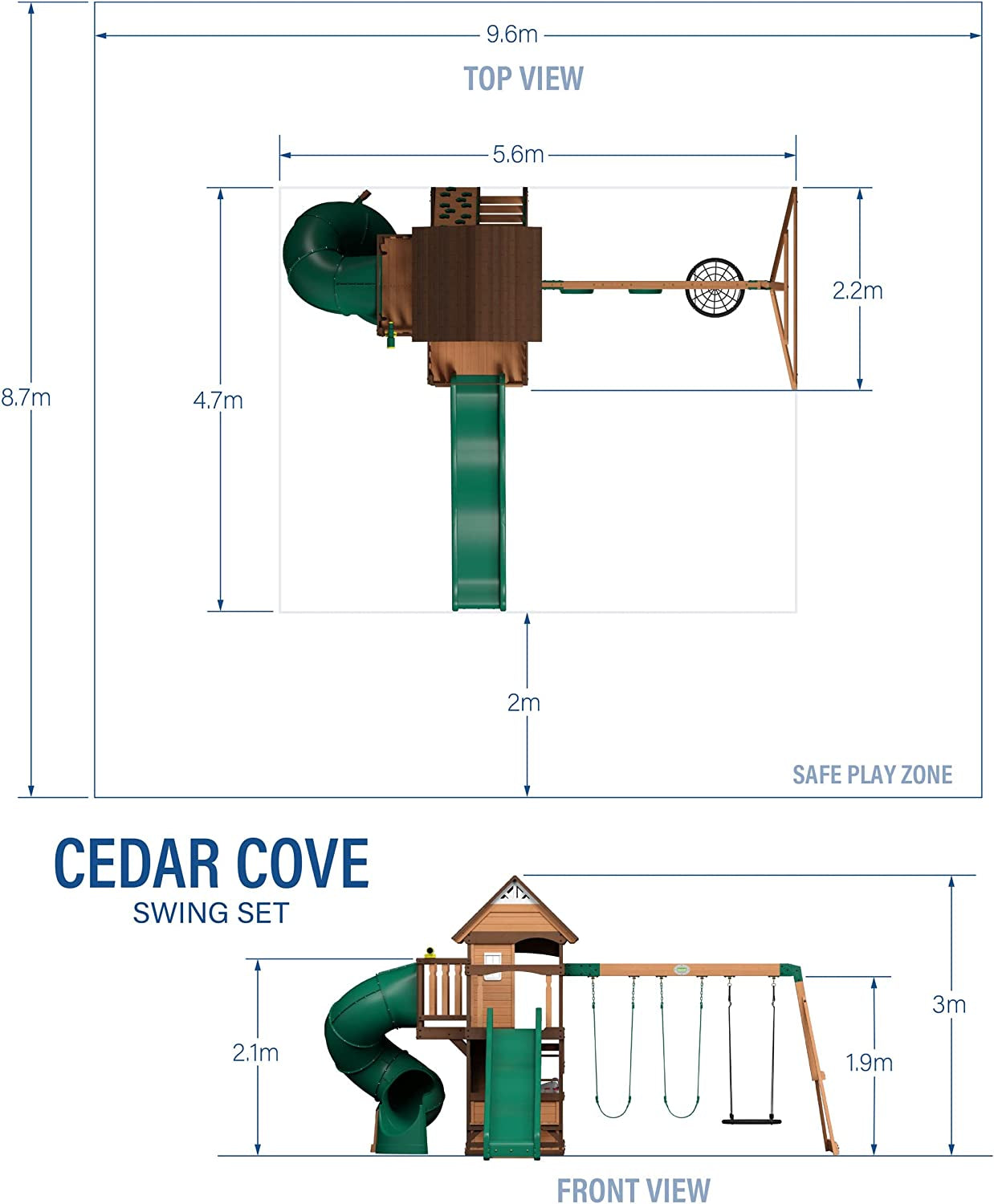 , Cedar Cove Wood Swing Set, Playground Fort, Chalkboard, Telescope, Dual Slide, Kitchenette, Wide Swing Lanes, 5Ft Rock Wall, Step Ladder