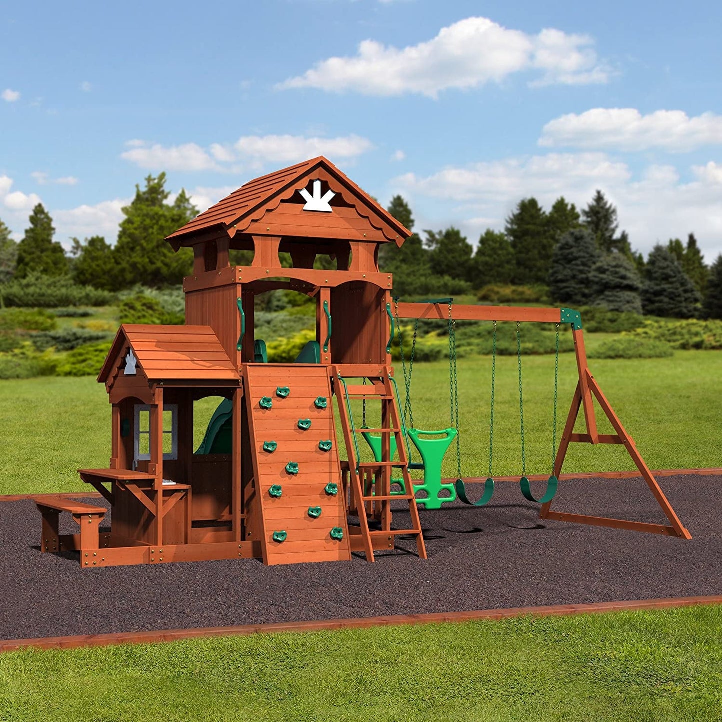 Backyard Discovery Shenandoah All Cedar Wooden Playset Swing Set with 2 Belt Swings, 2 Person Glider, 10 Ft Wave Slide, Covered Upper and Lower Playhouse, Play Kitchen, Rock Wall, Outdoor Bench